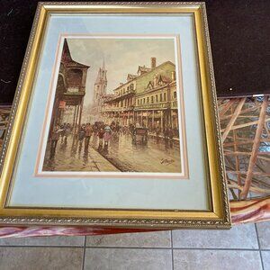 PARIS SIGNED PRINT  STREET SCENE VINTAGE GOLD FRAME ORNATE 18X14